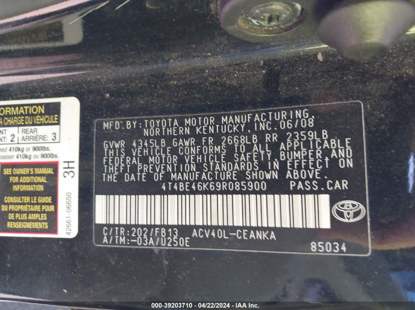 2009 Toyota Camry Le VIN: 4T4BE46K69R085900 Lot: 39203710
