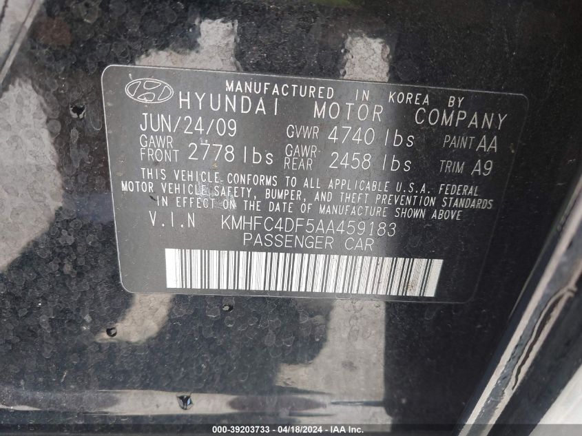 2010 Hyundai Azera Limited VIN: KMHFC4DF5AA459183 Lot: 39203733