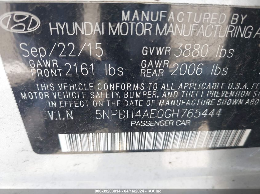 5NPDH4AE0GH765444 | 2016 HYUNDAI ELANTRA