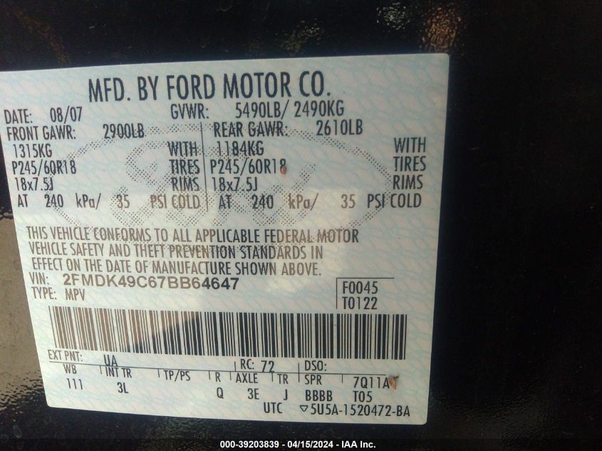 2007 Ford Edge Sel Plus VIN: 2FMDK49C67BB64647 Lot: 39203839