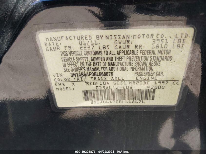 2011 Nissan Sentra 2.0S VIN: 3N1AB6AP0BL668676 Lot: 43620234