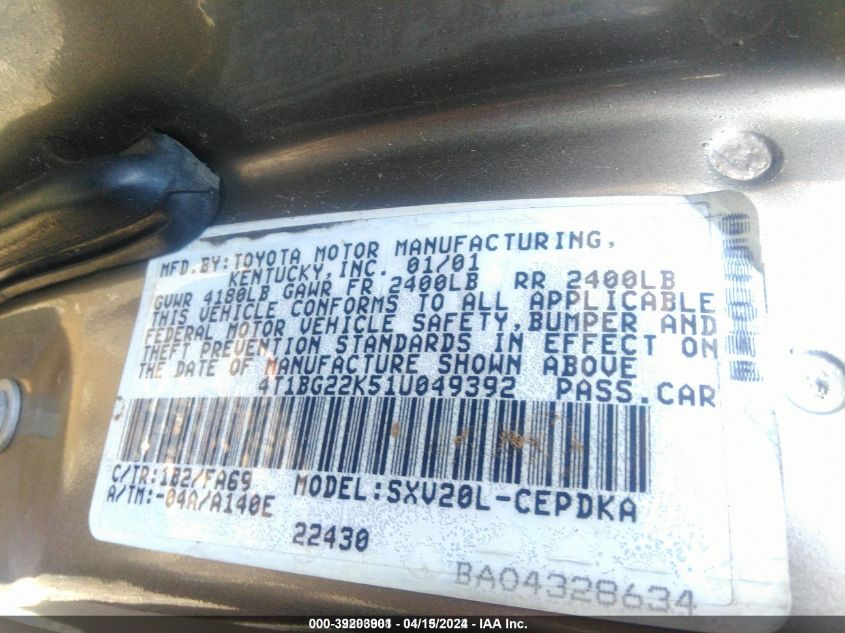 4T1BG22K51U049392 2001 Toyota Camry Ce