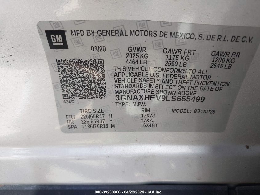 2020 Chevrolet Equinox Fwd Ls VIN: 3GNAXHEV9LS665499 Lot: 39203906