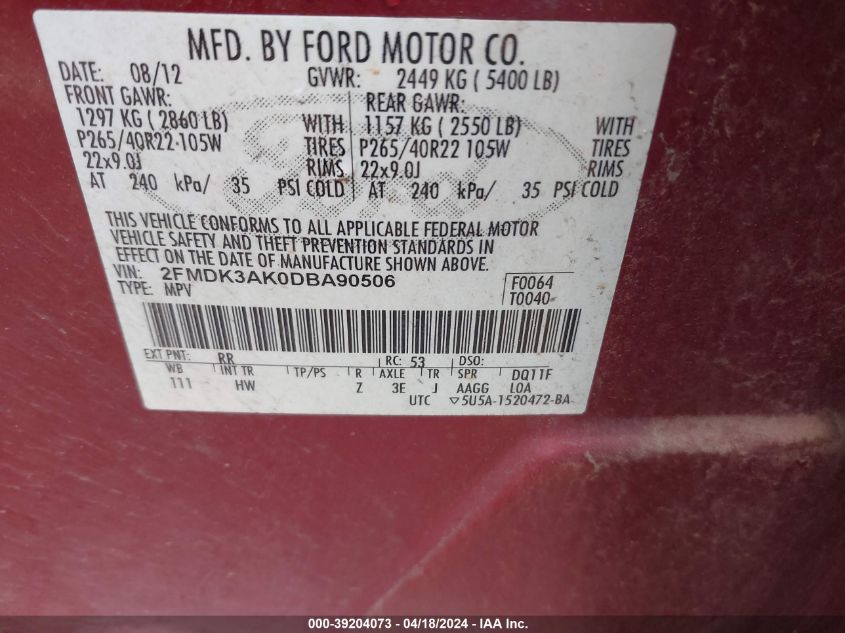 2FMDK3AK0DBA90506 2013 Ford Edge Sport