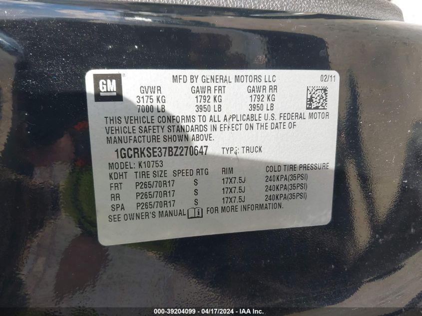 2011 Chevrolet Silverado 1500 Lt VIN: 1GCRKSE37BZ270647 Lot: 39204099