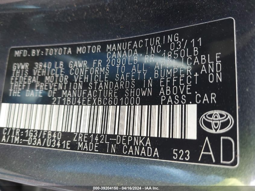 2011 Toyota Corolla Le VIN: 2T1BU4EEXBC601000 Lot: 43180225