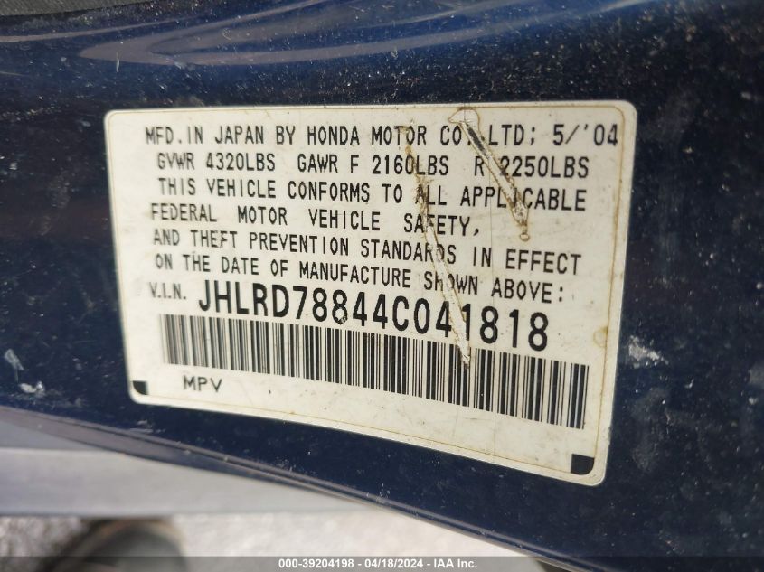 2004 Honda Cr-V Ex VIN: JHLRD78844C041818 Lot: 39204198