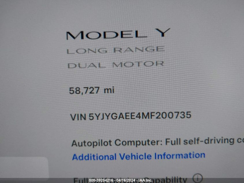 2021 Tesla Model Y Long Range Dual Motor All-Wheel Drive VIN: 5YJYGAEE4MF200735 Lot: 39204216