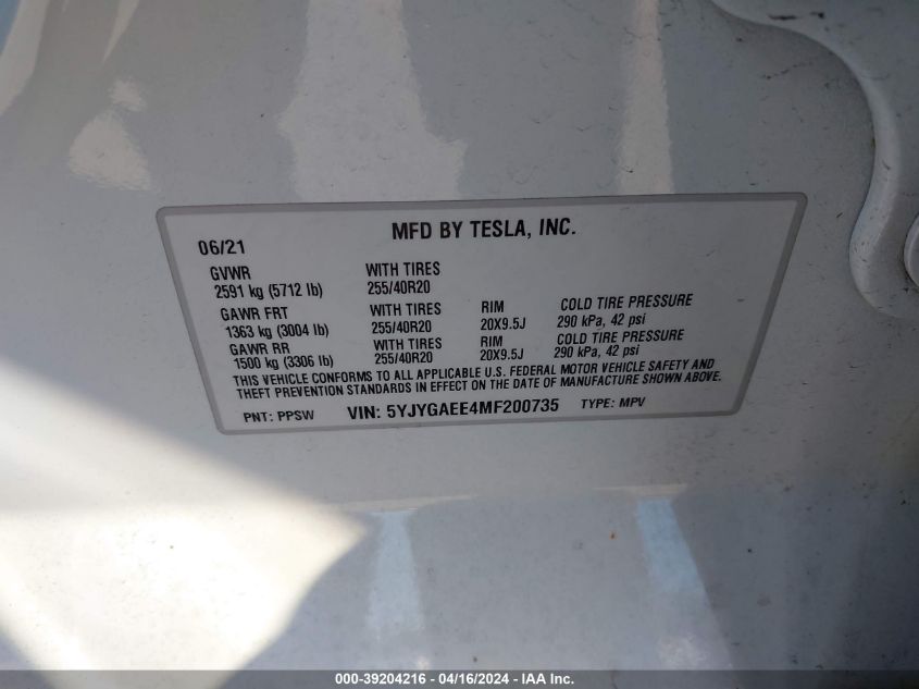 2021 Tesla Model Y Long Range Dual Motor All-Wheel Drive VIN: 5YJYGAEE4MF200735 Lot: 39204216