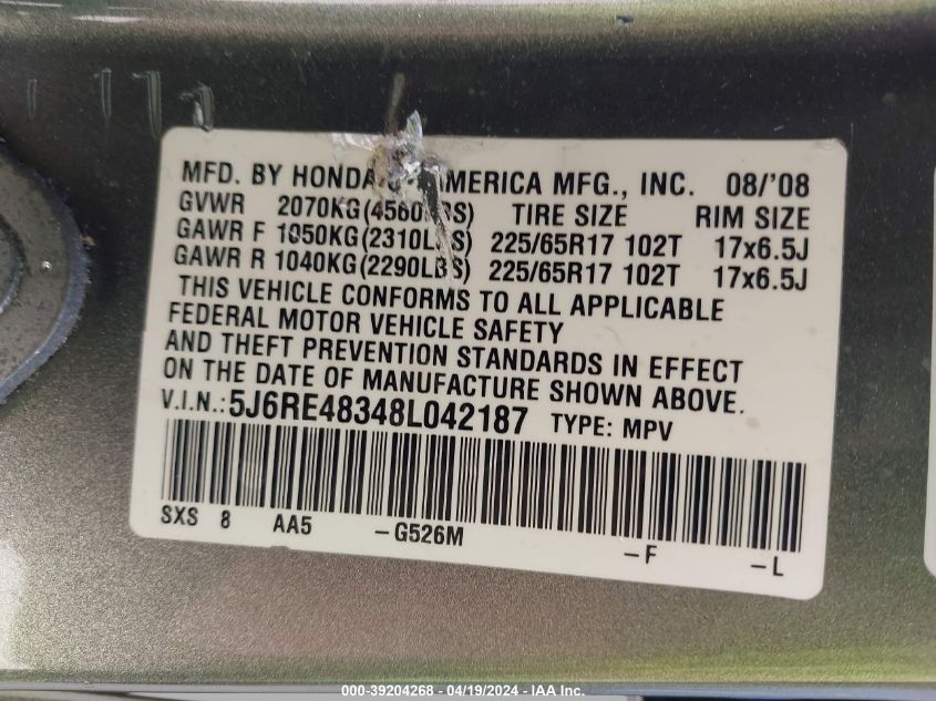 2008 Honda Cr-V Lx VIN: 5J6RE48348L042187 Lot: 39204268