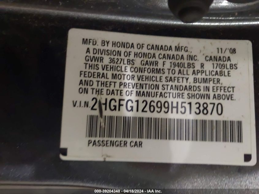 2009 Honda Civic Lx VIN: 2HGFG12699H513870 Lot: 39241843