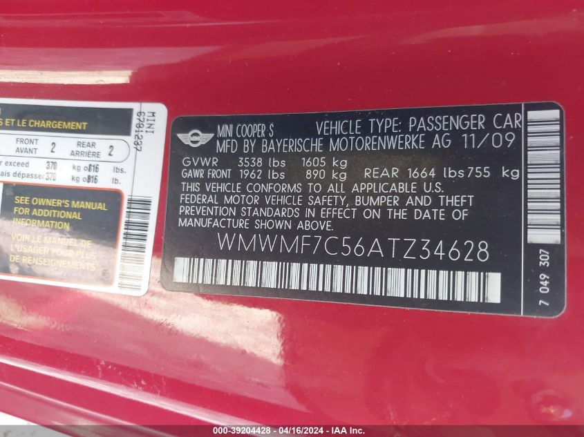 2010 Mini Cooper S VIN: WMWMF7C56ATZ34628 Lot: 43412227
