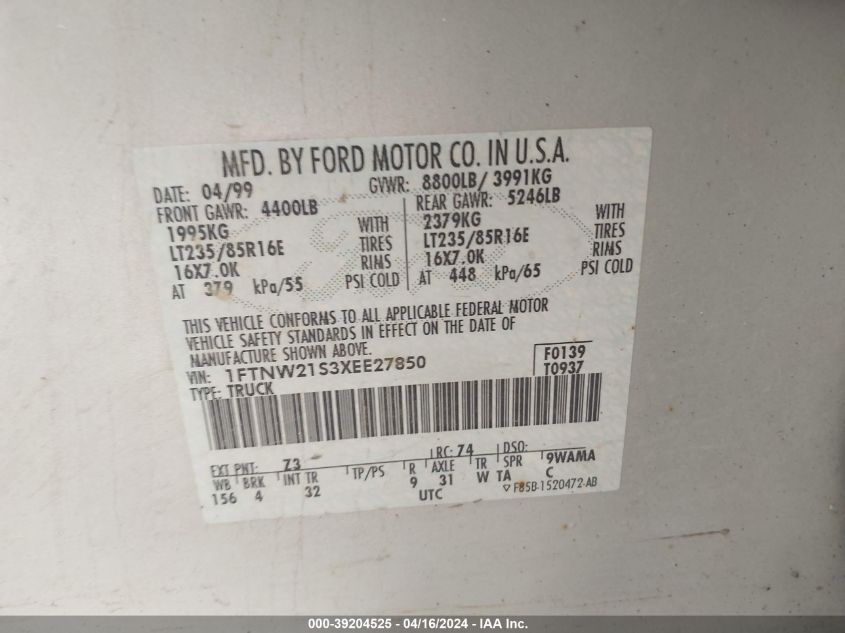 1FTNW21S3XEE27850 1999 Ford F-250 Lariat/Xl/Xlt