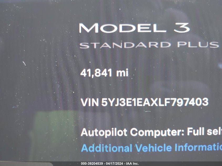 2020 Tesla Model 3 Standard Range Plus Rear-Wheel Drive/Standard Range Rear-Wheel Drive VIN: 5YJ3E1EAXLF797403 Lot: 39204539