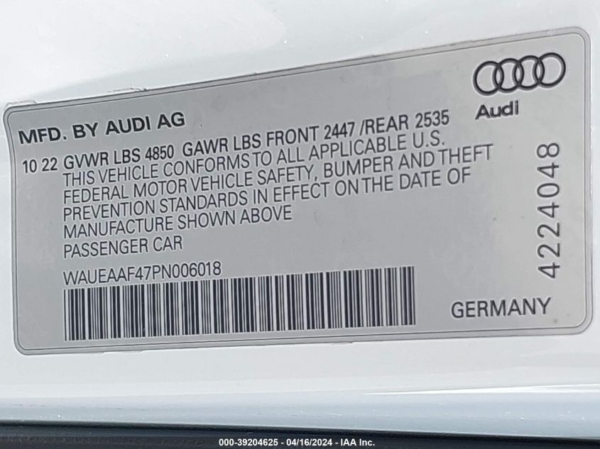 2023 AUDI A4 PREMIUM PLUS 45 - WAUEAAF47PN006018