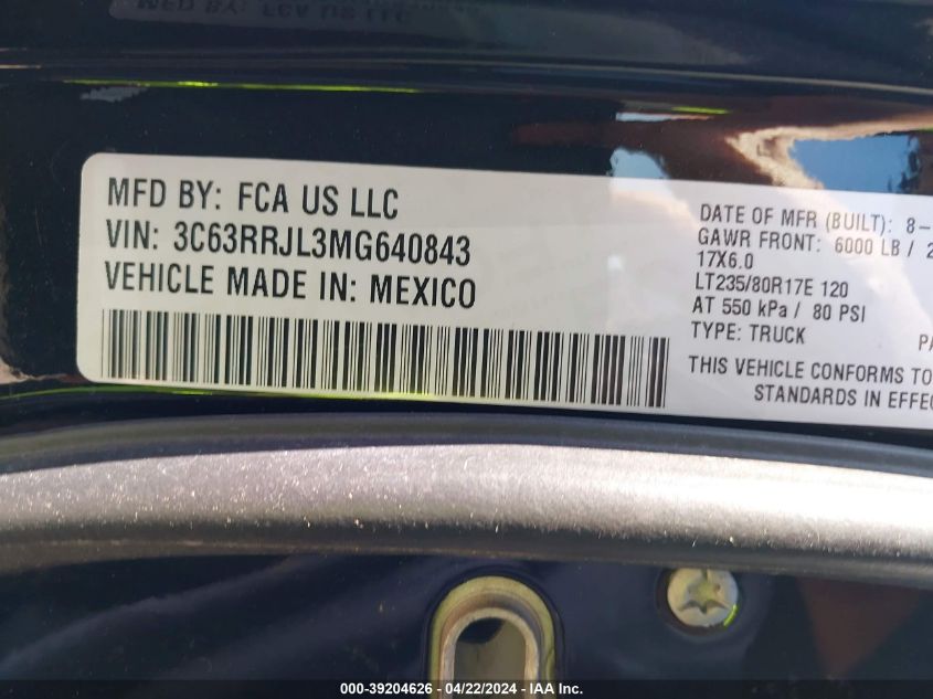 2021 Ram 3500 Laramie 4X4 8' Box VIN: 3C63RRJL3MG640843 Lot: 39204626