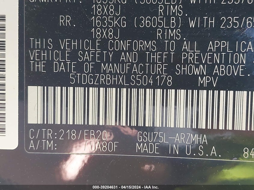 2020 TOYOTA HIGHLANDER VIN: 5TDGZRBHXLS504178