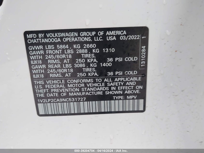 VIN 1V2LP2CA9NC531727 2022 VOLKSWAGEN ATLAS 2.0T SE