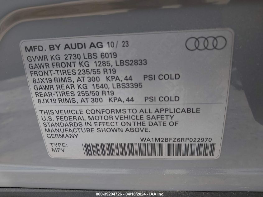 2024 Audi Q4 E-Tron Prestige 50 Quattro VIN: WA1M2BFZ6RP022970 Lot: 39204726