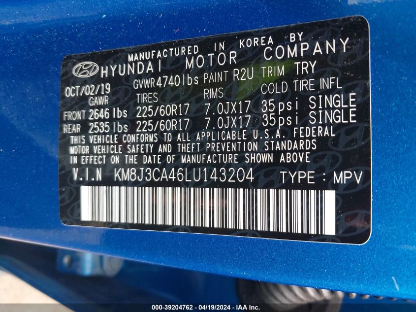 2020 Hyundai Tucson Value VIN: KM8J3CA46LU143204 Lot: 39204762