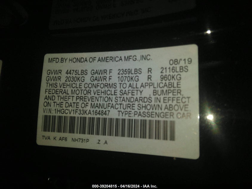 VIN 1HGCV1F33KA164847 2019 HONDA ACCORD SPORT