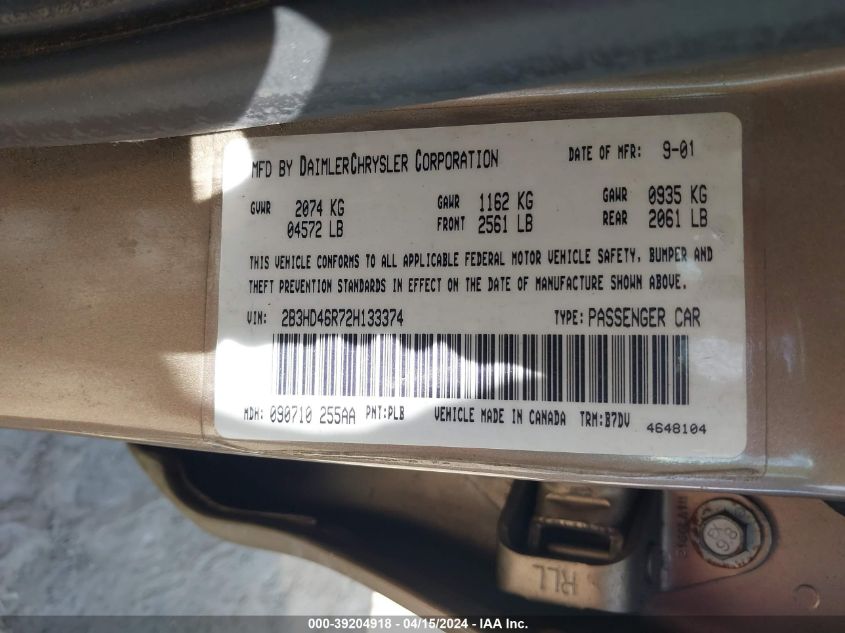 2002 Dodge Intrepid Se VIN: 2B3HD46R72H133374 Lot: 39204918