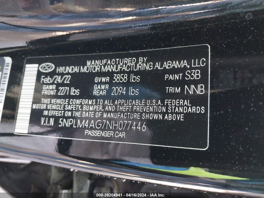 2022 Hyundai Elantra Sel VIN: 5NPLM4AG7NH077446 Lot: 39204941