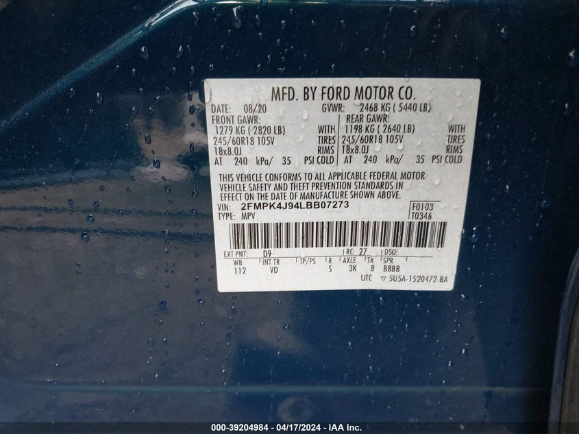 VIN 2FMPK4J94LBB07273 2020 FORD EDGE SEL
