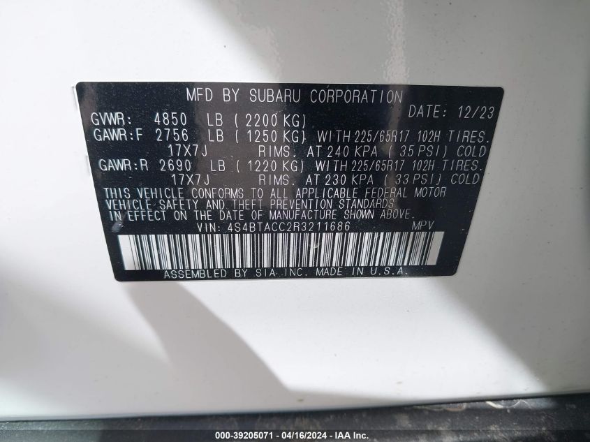 2024 Subaru Outback Premium VIN: 4S4BTACC2R3211686 Lot: 39205071