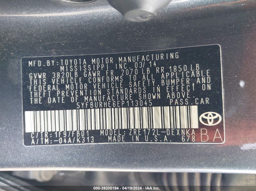 2014 Toyota Corolla Le VIN: 5YFBURHE6EP113045 Lot: 39205194