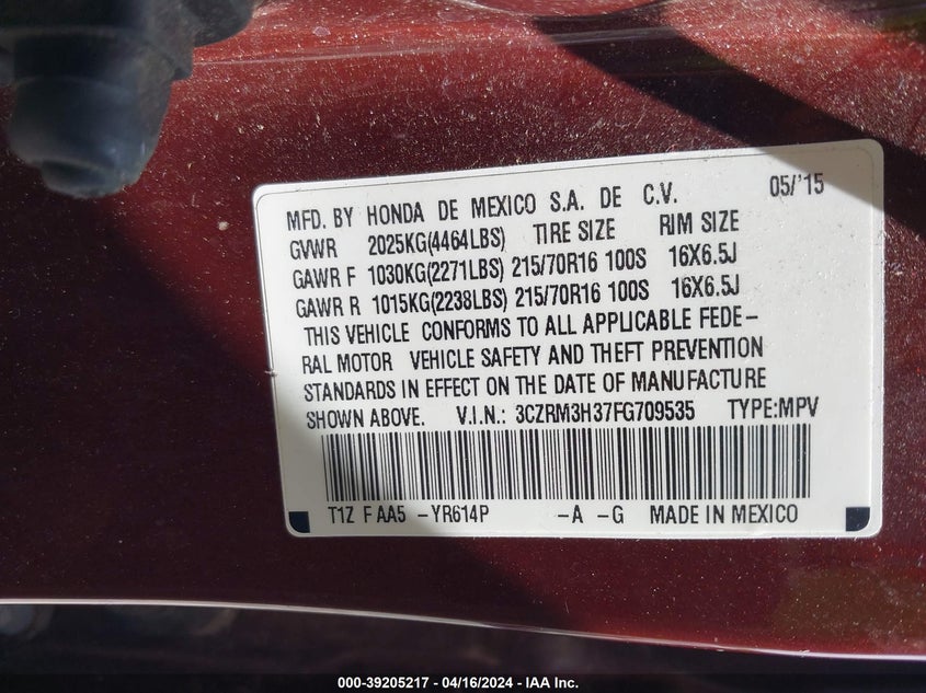 2015 HONDA CR-V LX - 3CZRM3H37FG709535