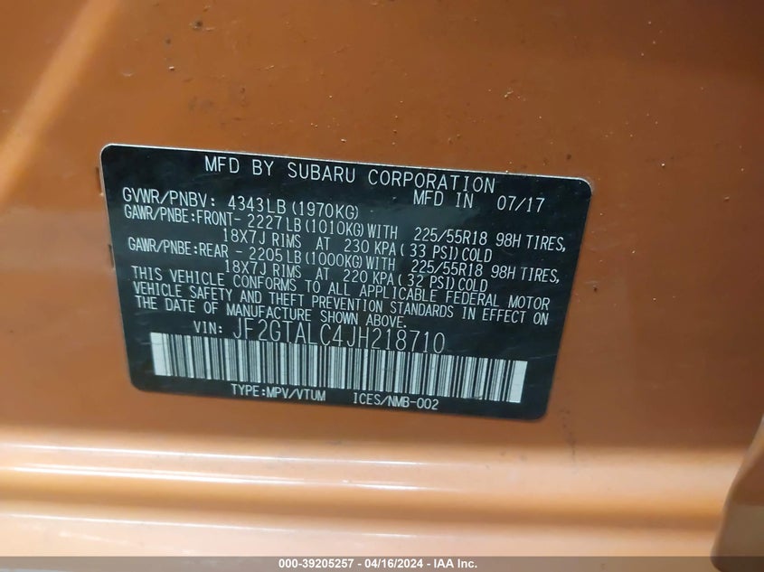VIN JF2GTALC4JH218710 2018 SUBARU CROSSTREK LIMITED