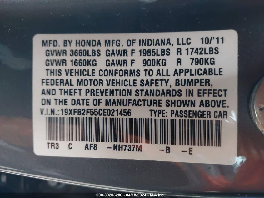 2012 Honda Civic Lx VIN: 19XFB2F55CE021456 Lot: 39205286