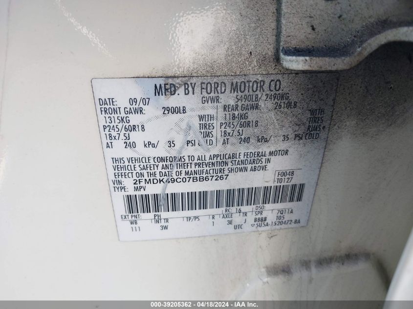 2007 Ford Edge Sel Plus VIN: 2FMDK49C07BB67267 Lot: 39205362