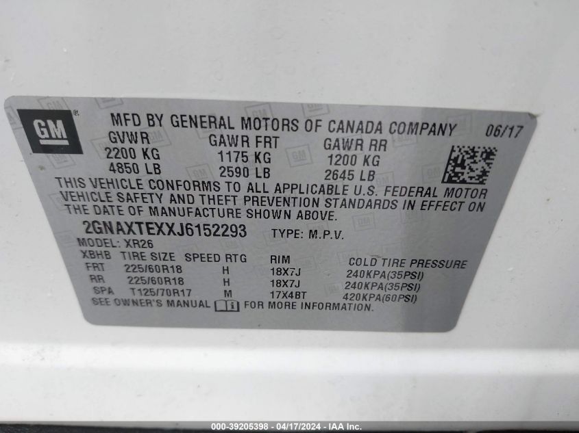 2018 Chevrolet Equinox Lt VIN: 2GNAXTEXXJ6152293 Lot: 39205398