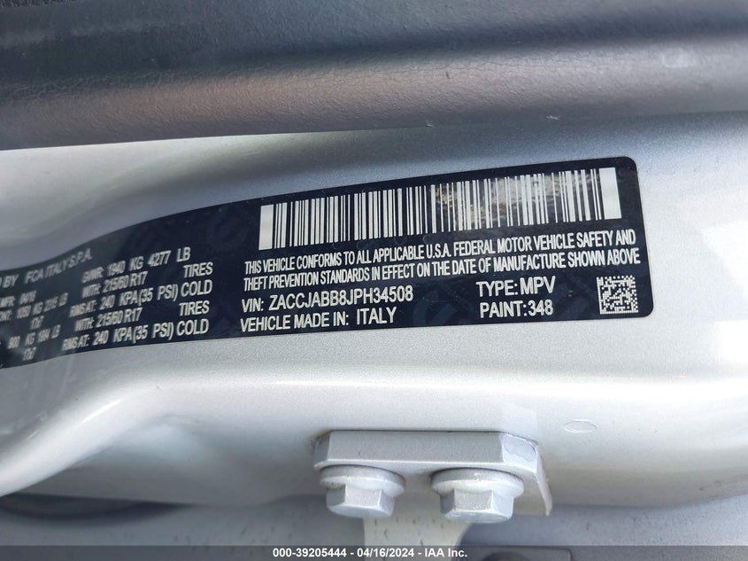 VIN ZACCJABB8JPH34508 2018 JEEP RENEGADE LATITUDE FWD