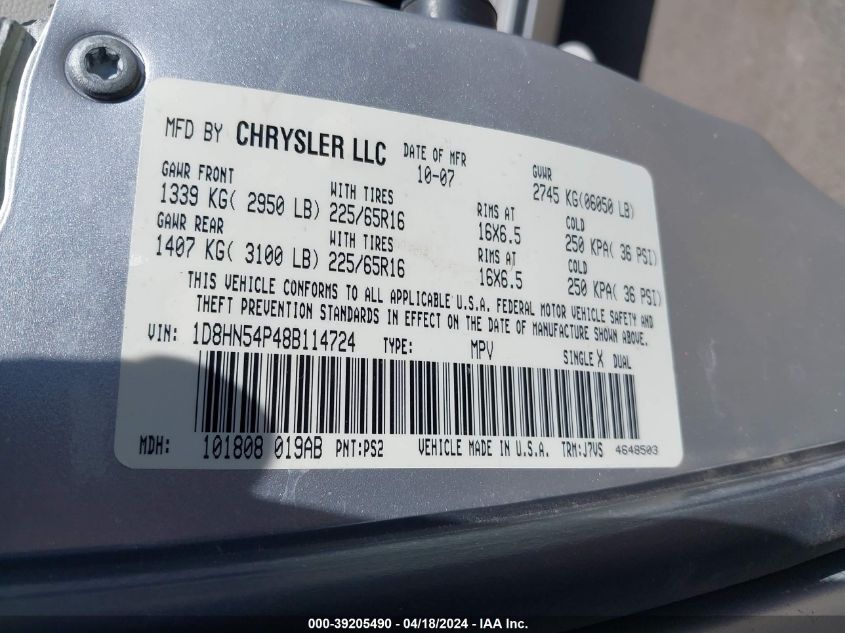 2008 Dodge Grand Caravan Sxt VIN: 1D8HN54P48B114724 Lot: 39205490