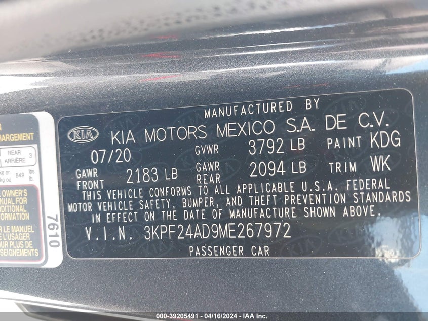 2021 KIA FORTE LXS - 3KPF24AD9ME267972
