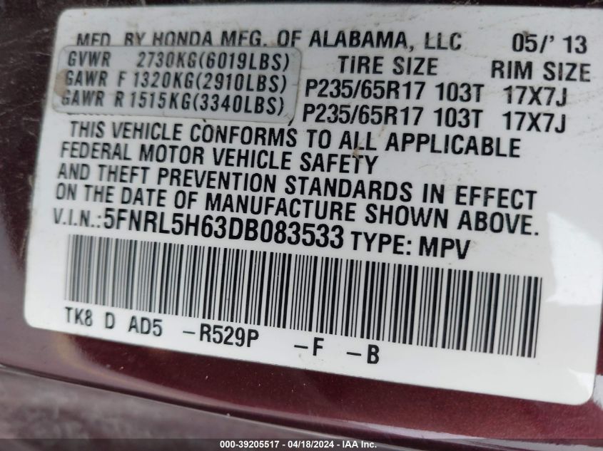 2013 Honda Odyssey Ex-L VIN: 5FNRL5H63DB083533 Lot: 39205517