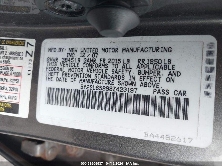 2008 Pontiac Vibe VIN: 5Y2SL65898Z423197 Lot: 39205537