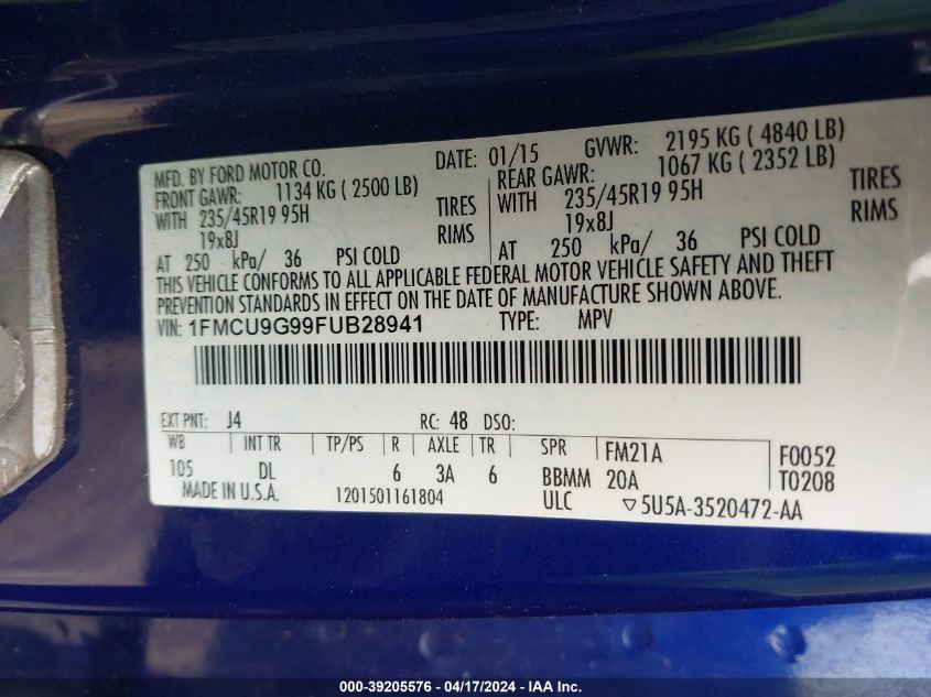 2015 Ford Escape Se VIN: 1FMCU9G99FUB28941 Lot: 39205576