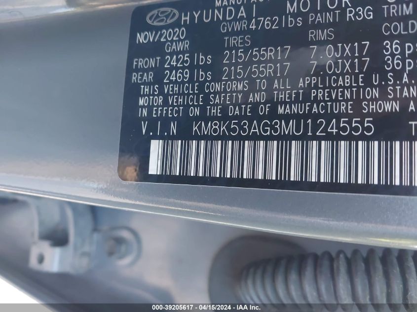 2021 Hyundai Kona Electric Ultimate VIN: KM8K53AG3MU124555 Lot: 39205617