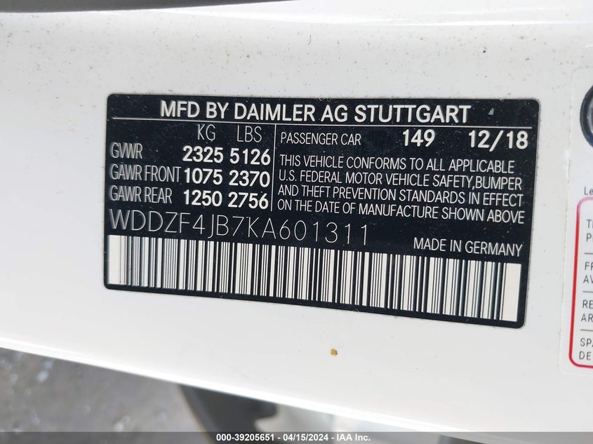 2019 MERCEDES-BENZ E 300 VIN: WDDZF4JB7KA601311