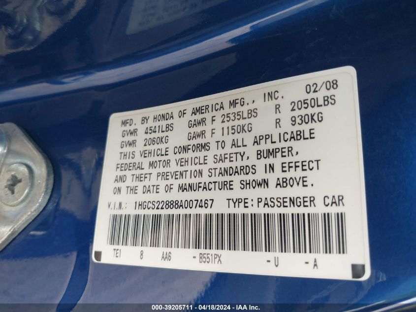 2008 Honda Accord 3.5 Ex-L VIN: 1HGCS22888A007467 Lot: 39239437