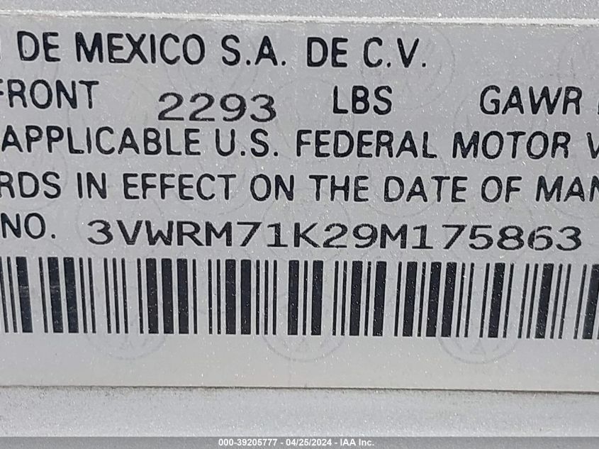 2009 Volkswagen Jetta Se VIN: 3VWRM71K29M175863 Lot: 39205777