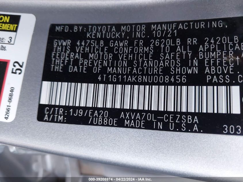 4T1G11AK8NU008456 2022 Toyota Camry Se