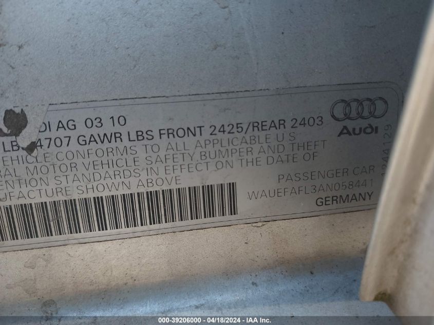 2010 Audi A4 2.0T Premium VIN: WAUEFAFL3AN058441 Lot: 39206000