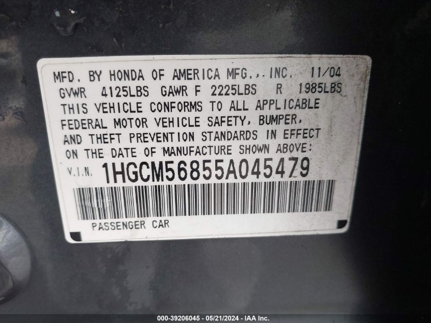 2005 Honda Accord 2.4 Ex VIN: 1HGCM56855A045479 Lot: 39206045