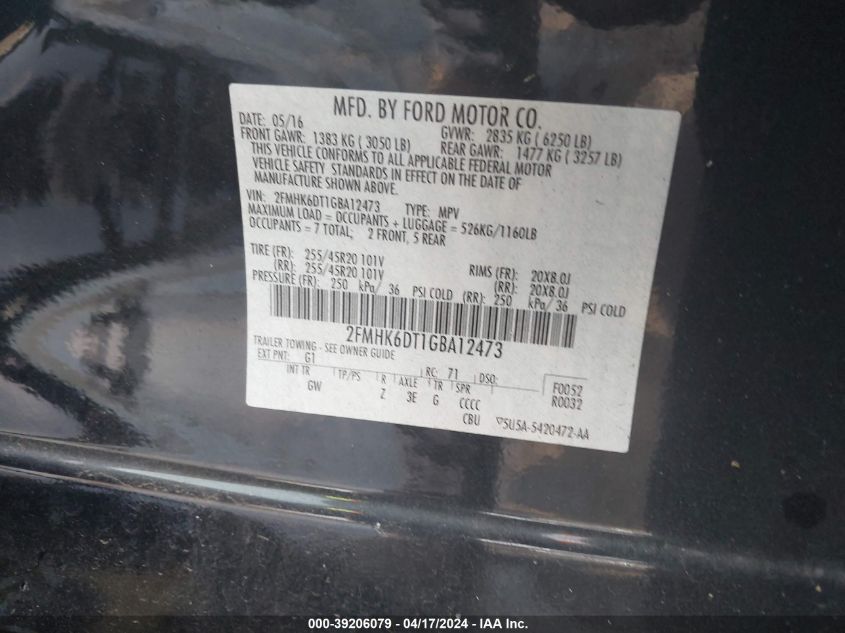 2016 Ford Flex Limited VIN: 2FMHK6DT1GBA12473 Lot: 39206079