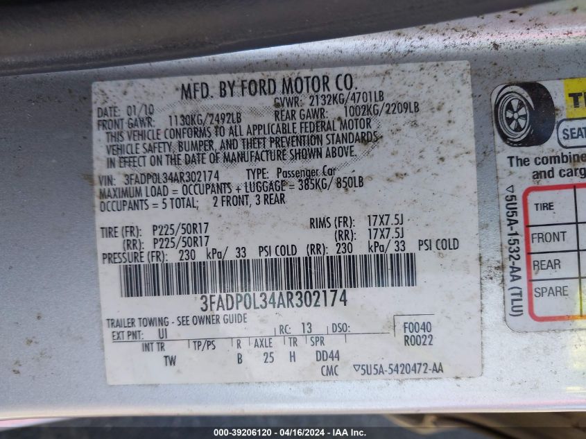 3FADP0L34AR302174 | 2010 FORD FUSION HYBRID